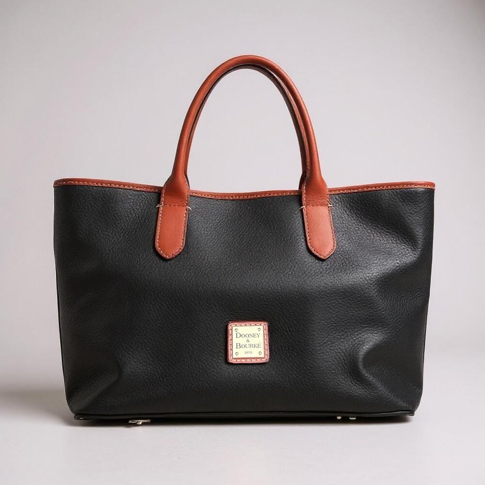 Vintage Dooney & Bourke Black Pebbled Leather Tote Bag with Red Trim